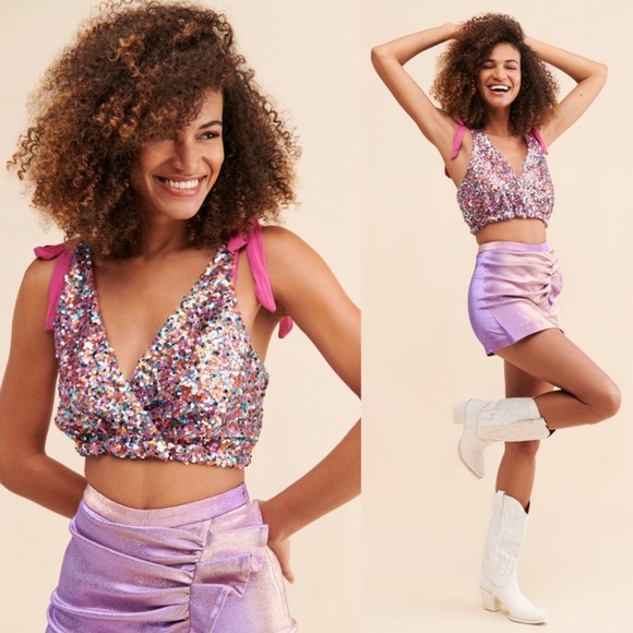 Free People Pink Big Night Sequin Crop Top Size Medium - Picture 1 of 7